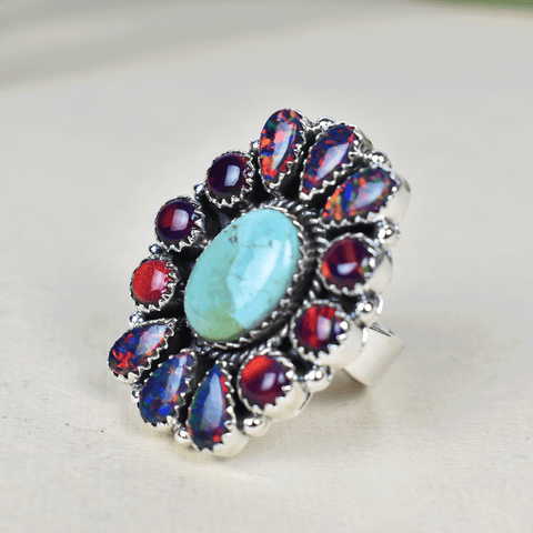 Handmade Turquoise & Aurora Opal 925 Sterling Silver Ring