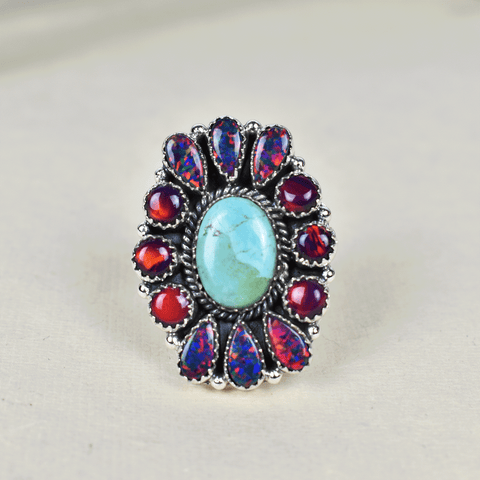 Handmade Turquoise & Aurora Opal 925 Sterling Silver Ring