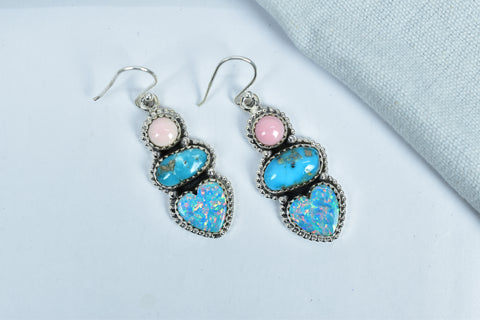 Handmade Aurora Opal & Turquoise Earring in 925 Sterling Silver