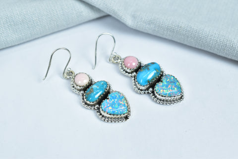Handmade Aurora Opal & Turquoise Earring in 925 Sterling Silver