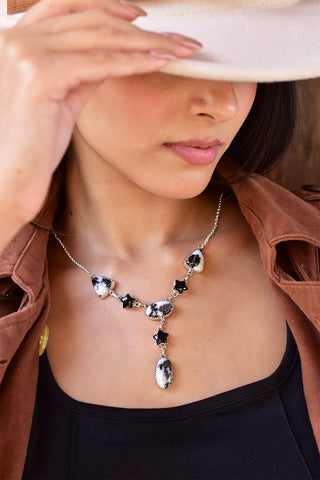 Handmade Zebra Jasper & Black Onyx Lariat Necklace in 925 Sterling Silver