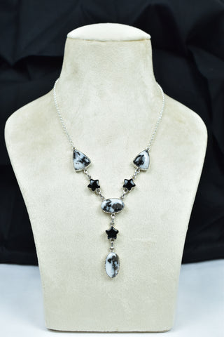Handmade Zebra Jasper & Black Onyx Lariat Necklace in 925 Sterling Silver