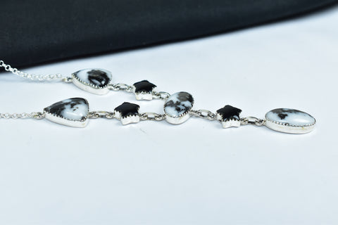 Handmade Zebra Jasper & Black Onyx Lariat Necklace in 925 Sterling Silver