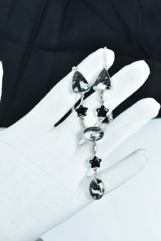 Handmade Zebra Jasper & Black Onyx Lariat Necklace in 925 Sterling Silver