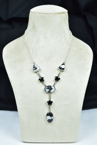 Handmade Zebra Jasper & Black Onyx Lariat Necklace in 925 Sterling Silver