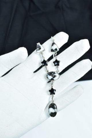 Handmade Zebra Jasper & Black Onyx Lariat Necklace in 925 Sterling Silver