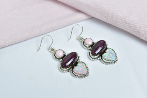 Handmade Aurora Opal & Purple Spiny Oyster Earring in 925 Sterling Silver
