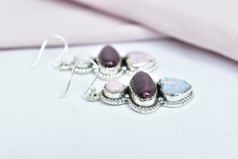 Handmade Aurora Opal & Purple Spiny Oyster Earring in 925 Sterling Silver