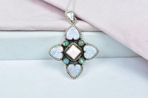Handmade Pink Conch & Aurora Opal Pendant in 925 Sterling Silver