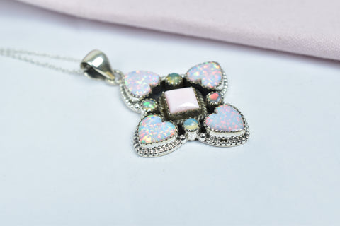 Handmade Pink Conch & Aurora Opal Pendant in 925 Sterling Silver