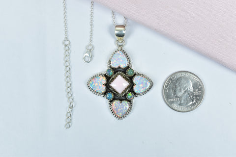 Handmade Pink Conch & Aurora Opal Pendant in 925 Sterling Silver