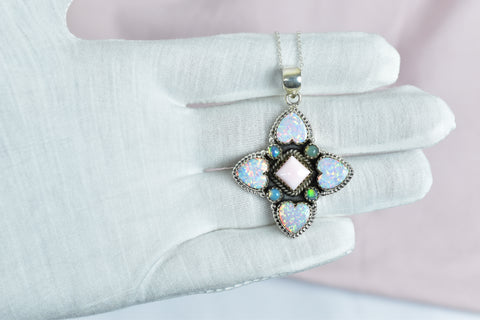 Handmade Pink Conch & Aurora Opal Pendant in 925 Sterling Silver