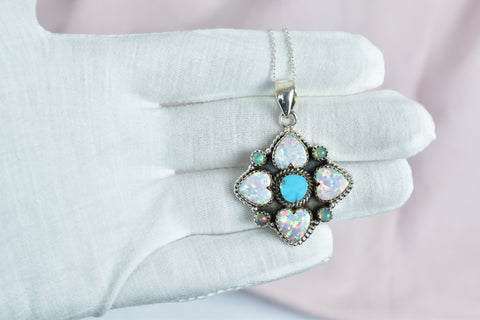 Handmade Turquoise & Aurora Opal Pendant in 925 Sterling Silver