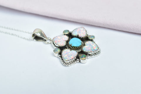 Handmade Turquoise & Aurora Opal Pendant in 925 Sterling Silver