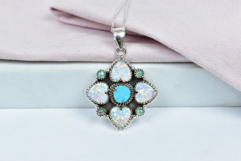 Handmade Turquoise & Aurora Opal Pendant in 925 Sterling Silver