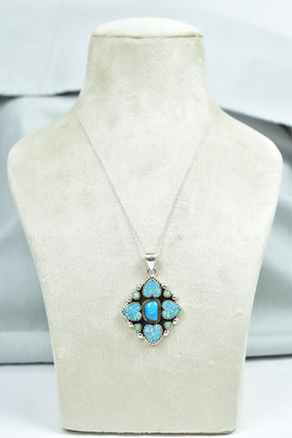 Handmade Aurora Opal & Turquoise Pendant in 925 Sterling Silver