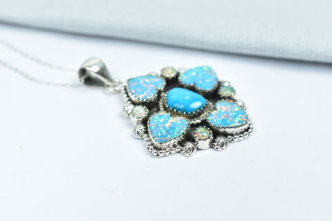 Handmade Aurora Opal & Turquoise Pendant in 925 Sterling Silver