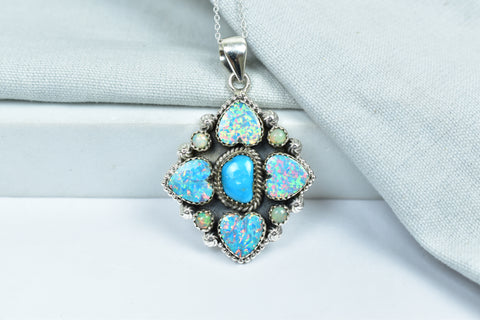 Handmade Aurora Opal & Turquoise Pendant in 925 Sterling Silver