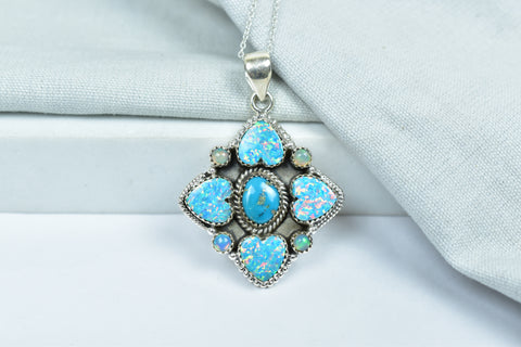 Handmade Aurora Opal & Turquoise Pendant in 925 Sterling Silver