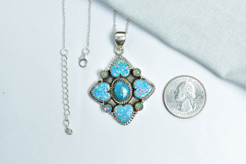 Handmade Aurora Opal & Turquoise Pendant in 925 Sterling Silver