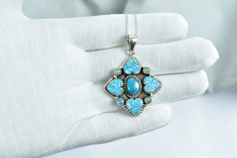 Handmade Aurora Opal & Turquoise Pendant in 925 Sterling Silver