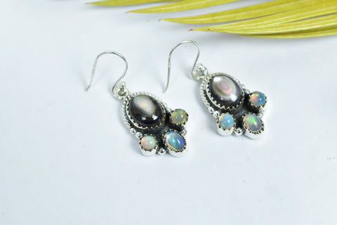 Handmade Black Shell & Ethiopian Opal Earring in 925 Sterling Silver