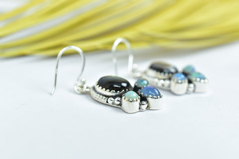 Handmade Black Shell & Ethiopian Opal Earring in 925 Sterling Silver