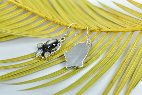 Handmade Black Shell & Ethiopian Opal Earring in 925 Sterling Silver