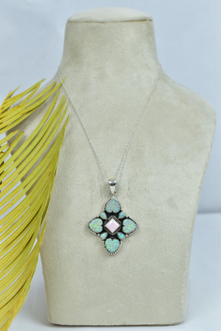 Handmade Pink Conch & Aurora Opal Pendant in 925 Sterling Silver