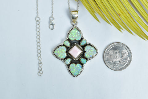 Handmade Pink Conch & Aurora Opal Pendant in 925 Sterling Silver