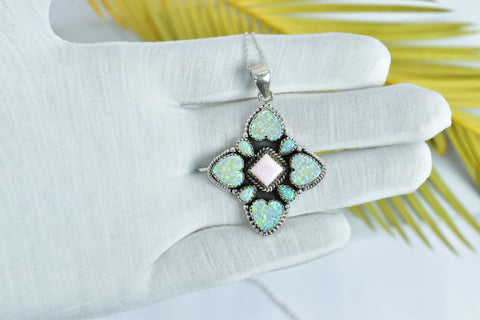 Handmade Pink Conch & Aurora Opal Pendant in 925 Sterling Silver