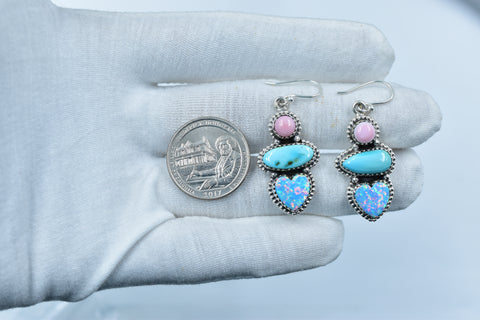 Handmade Pink Conch & Aurora Opal Earring in 925 Sterling Silver