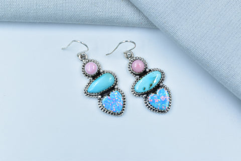 Handmade Pink Conch & Aurora Opal Earring in 925 Sterling Silver