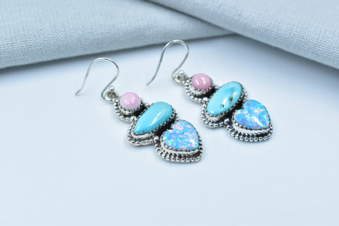 Handmade Pink Conch & Aurora Opal Earring in 925 Sterling Silver