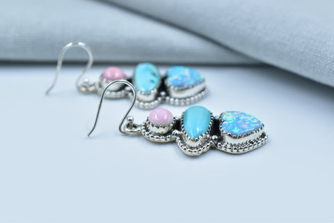 Handmade Pink Conch & Aurora Opal Earring in 925 Sterling Silver