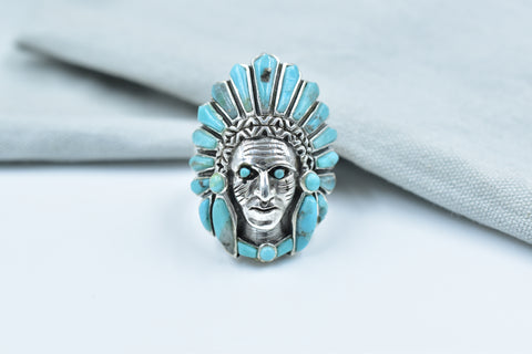 Handmade Turquoise Chief Head Ring in 925 Sterling Silver