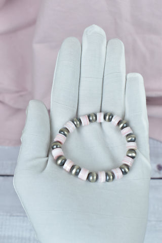 Handmade Pink Conch & Sterling Silver Pearl Beaded Stretch Bracelet