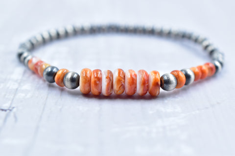 Handmade Spiny Oyster Turquoise & Sterling Silver Pearl Beaded Stretch Bracelet