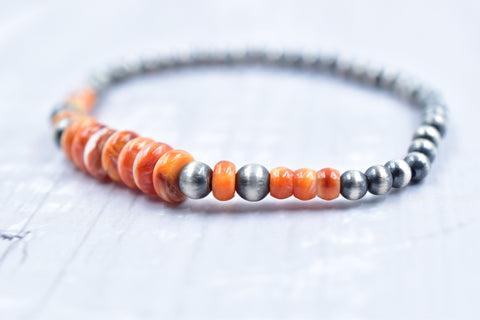 Handmade Spiny Oyster Turquoise & Sterling Silver Pearl Beaded Stretch Bracelet