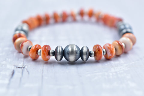 Handmade Spiny Oyster Turquoise & Sterling Silver Pearl Beaded Stretch Bracelet