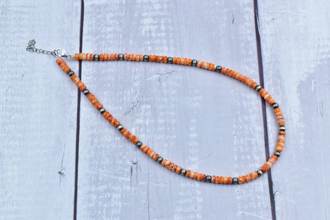 Handmade Orange Spiny Oyster & Sterling Silver Pearl Necklace