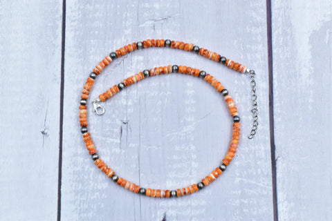 Handmade Orange Spiny Oyster & Sterling Silver Pearl Necklace