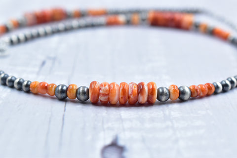 Handmade Orange Spiny Oyster & Sterling Silver Pearl Necklace