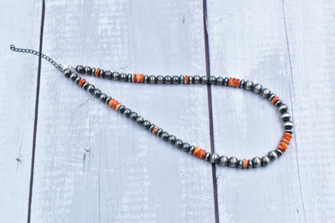 Handmade Orange Spiny Oyster & Sterling Silver Pearl Necklace