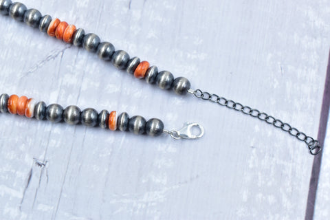 Handmade Orange Spiny Oyster & Sterling Silver Pearl Necklace
