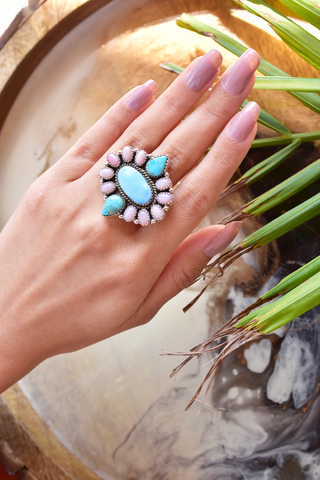 Handmade Turquoise & Pink Opal 925 Sterling Silver Ring