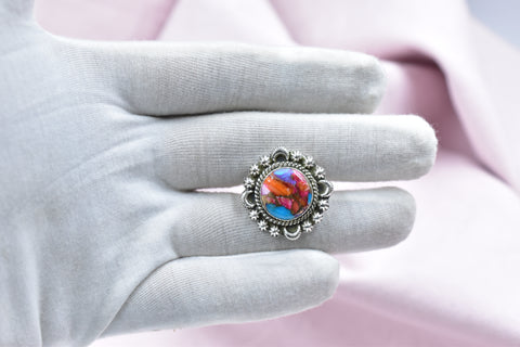 Handmade Pink Dahlia Turquoise 925 Sterling Silver Ring