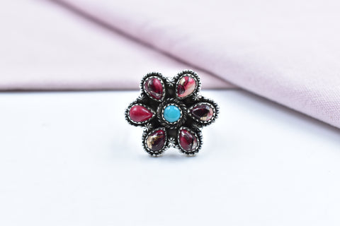 Handmade Rose Dahlia Turquoise & Mojave Turquoise Sterling Silver Ring Adjustable Ring for Women