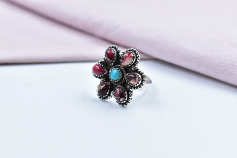 Handmade Rose Dahlia Turquoise & Mojave Turquoise Sterling Silver Ring Adjustable Ring for Women