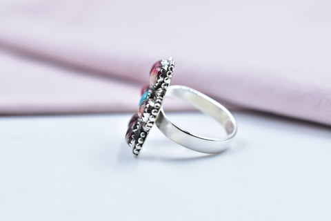 Handmade Rose Dahlia Turquoise & Mojave Turquoise Sterling Silver Ring Adjustable Ring for Women